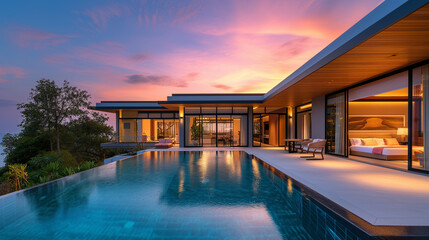 Modern house with a swimming pool, modern pool villa at the beach, luxury villa in Thailand at susnet