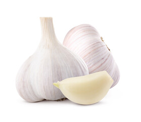 Fresh garlic bulbs and clove isolated on white