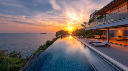 Modern house with a swimming pool, modern pool villa at the beach, luxury villa with  tropical ocean with infinity pool