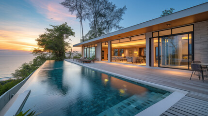 Modern house with a swimming pool, modern pool villa at the beach, luxury villa with  tropical ocean minimal