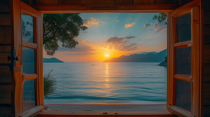 Sunset wooden window ocean beach view