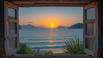 Sunset through a wooden window with ocean beach view of Fethiye Turkey
