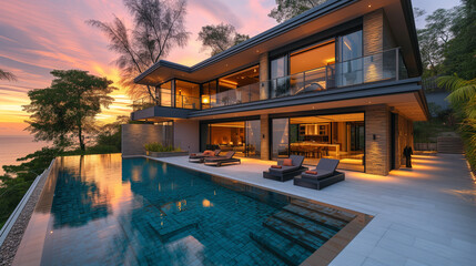 Modern house with a swimming pool, modern pool villa at the beach, luxury villa with  tropical ocean at sunset