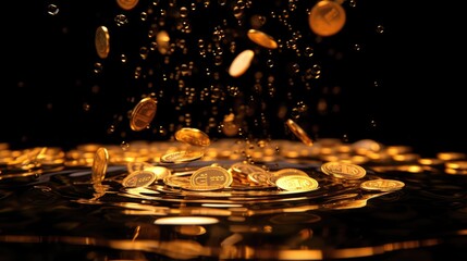 Experience a cascade of gold coins showering against a dramatic black backdrop. Ai Generated.