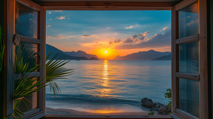 Sunset trough a wooden window ocean beach view of Fethiye Turkey