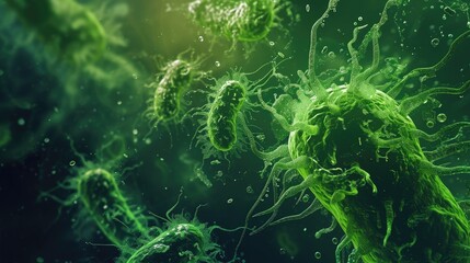 Sinister green monster bacteria and viruses launch an assault within the body's defenses. Ai Generated. - obrazy, fototapety, plakaty