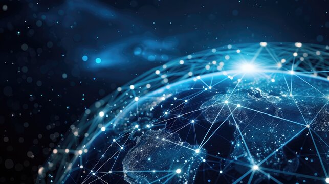 Illustration of global communication and networking with a globe connected by lines and dots. Ai Generated.