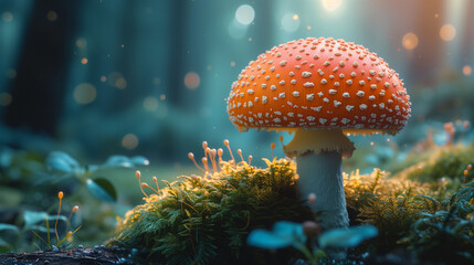 Fototapeta na wymiar fly agaric mushroom, red and white mushroom in forest at autumn