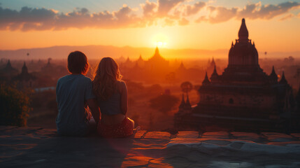 couple travelers watching the sunrise in Bagan Myanmar, men and woman sitting on top of a Pagoda looking at the beautiful sunrise