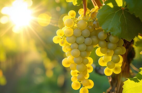 Amidst the vibrant yellow autumn foliage, a cluster of seedless grapes hangs delicately from the vitis vine, promising a sweet and succulent harvest at the picturesque vineyard