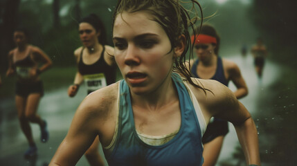 Wet female runner, determination in her eyes, others in background.