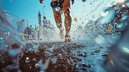 Dynamic low angle of runner's legs splashing through water.