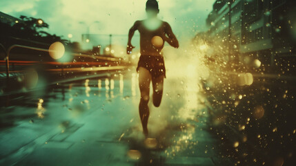Runner in the rain at night, city lights, dynamic motion, splashing water.