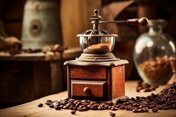 Vintage manual coffee grinder, coffee beans around