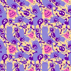Halloween animals seamless frogs and pumpkins and ghost and skulls pattern for wrapping paper and fabrics