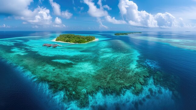 A breathtaking aerial panorama captures the beauty of Baa Atoll in the Maldives, Ai Generated.