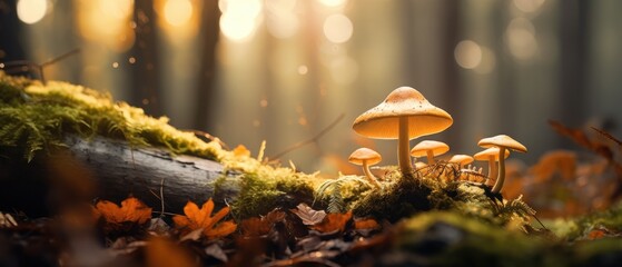 Close-up shot captures a mushroom amidst leaves in a wonderful autumn forest scene, Ai Generated. - Powered by Adobe