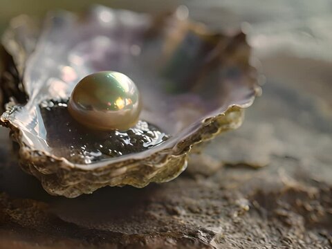 a pearl in a shell on a rock