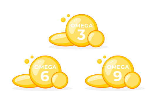 Bright and glossy omega 3, 6, 9 fatty acids capsules illustration for health and nutrition