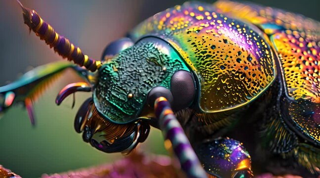 a close up of a colorful insect on a plant