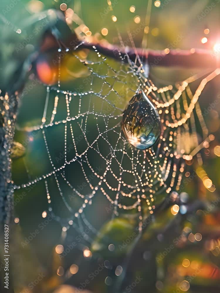 Sticker a dew covered spider web with a drop of water on it