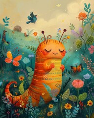 An adorable happy caterpillar in a nature setting in the spring or summer talking to birds and butterflies. 