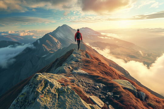 Positive uplifting image of a man wearing red coloured jacket stands on a rocky cliff overlooking a deep valley filled with fog sat sunset, symbolizing achievement, copy space, horizontal 3:2