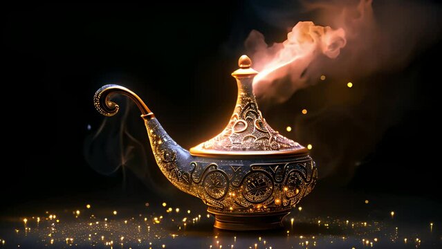 Aladdins mysterious lamp with glowing fire and smoke on dark magical background