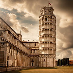 Iconic Leaning Tower of Pisa under a Dramatic Sky - obrazy, fototapety, plakaty