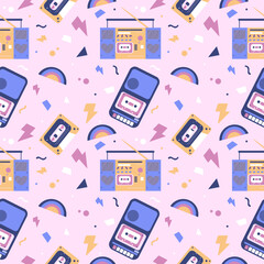 Colourful seamless pattern with retro record players and abstract elements. 