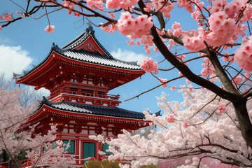 Sakura cherry trees blooming in spring around a traditional Japanese red pagoda Generative AI