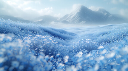 雪が降る山の麓に咲く青い花 - obrazy, fototapety, plakaty