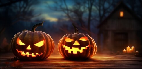 Jack 'O Lantern In Cemetery In Spooky Night With Full Moon Halloween