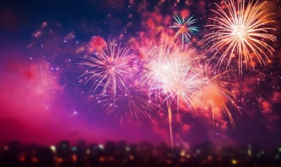 Fototapeta premium colorful fireworks over the night sky, city silhouette