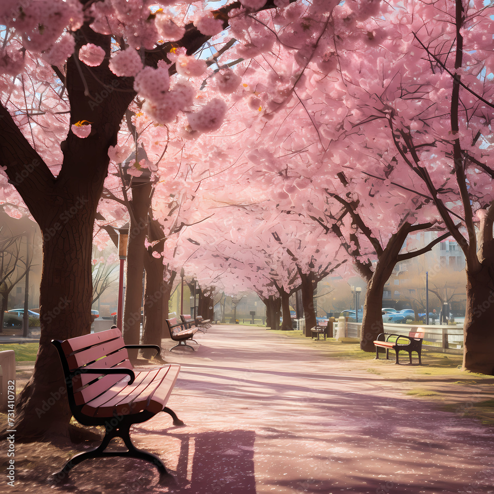 Poster A city park in the midst of cherry blossom season.