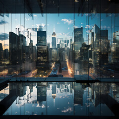 A city skyline reflected in a glass building.