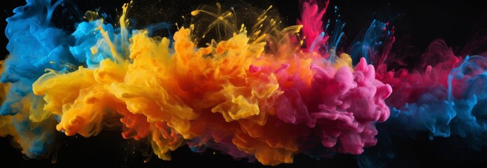 Colorful ink paint splatter smoke explosion background isolated on dark background