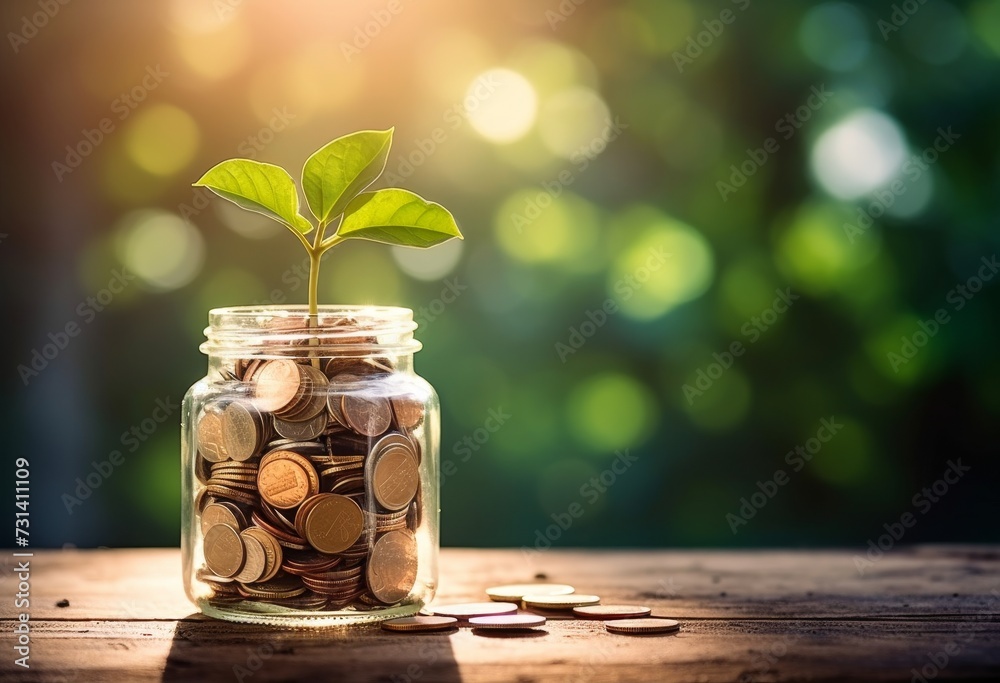 Poster a bottle containing coins with a plant growing on it with a blurred background in the morning. conce