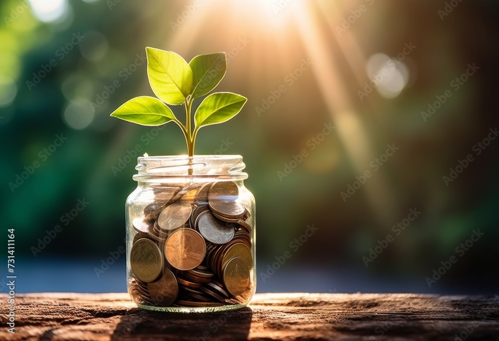 Poster a bottle containing coins with a plant growing on it with a blurred background in the morning. conce