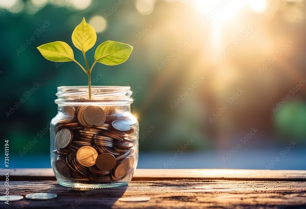 Poster a bottle containing coins with a plant growing on it with a blurred background in the morning. conce