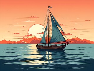 Classic wooden sailboat drifting on calm waters with a coastal sunset.