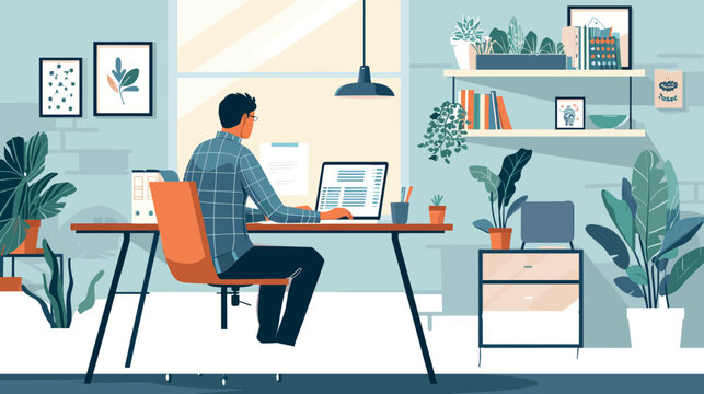 Business Man Working from Home - Flat Illustration