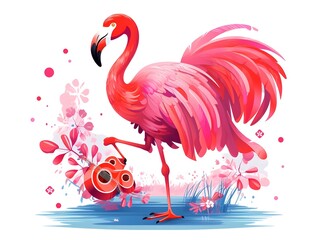 Flamenco flamingo dancing with a fan and castanets t-shirt design.