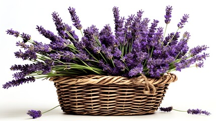 Fototapeta premium Fragrant lavender bunches in a vintage basket, an aromatic touch of nature.
