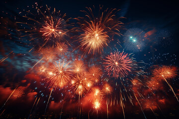 Fototapeta premium fireworks explosive displays of dazzling lights vibrant colors illuminate the night sky during celebrations and festivities. happy woman man girl boy silhouette banner copy space greeting card poster.