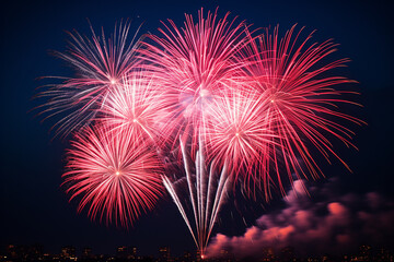 Obraz premium fireworks explosive displays of dazzling lights vibrant colors illuminate the night sky during celebrations and festivities. happy woman man girl boy silhouette banner copy space greeting card poster.