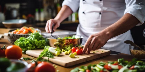 Fotobehang Fresh Vegetables, Skilled Chef: A Healthy Salad Preparation in a Professional Kitchen © SHOTPRIME STUDIO