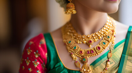 A woman wearing a sari, with colorful gemstones and gold jewelry. Generative AI.