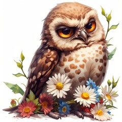 A really adorable, fluffy and grumpy cartoon owl with flowers and a white background. 