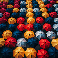 A row of colorful umbrellas in the rain.